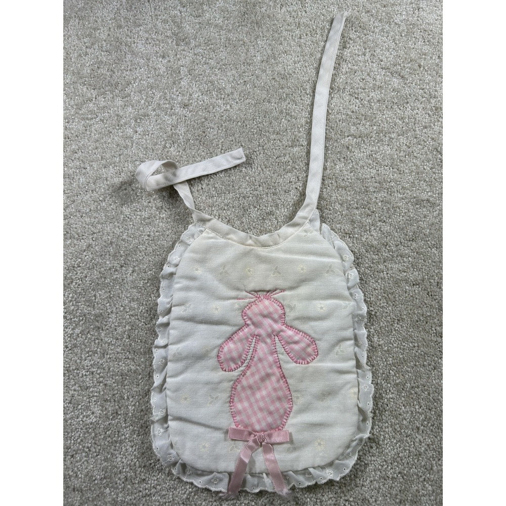 Vintage Baby Bib Pink Gingham Bunny Applique Eyelet Ruffle Trim Embroidered Bow‎
